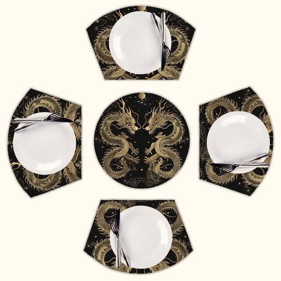 Golden Dragons Facing Each Other Round Table Placemats Set Of 5 Wedge Table Mats Washable Heat Resistant Place Mat For Dining Table Kitchen Farmhouse Restaurant