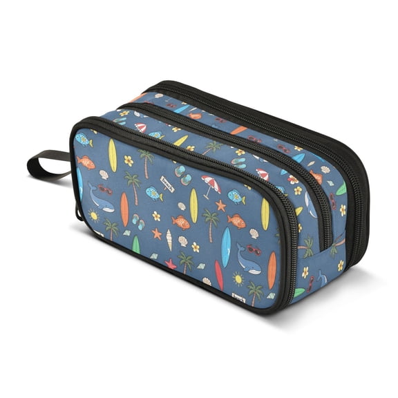 FORMRS Pencil Case with 3 Compartments School Large Capacity Zipper Pen Pouch Stationery Organizer, Blue Beach Pattern