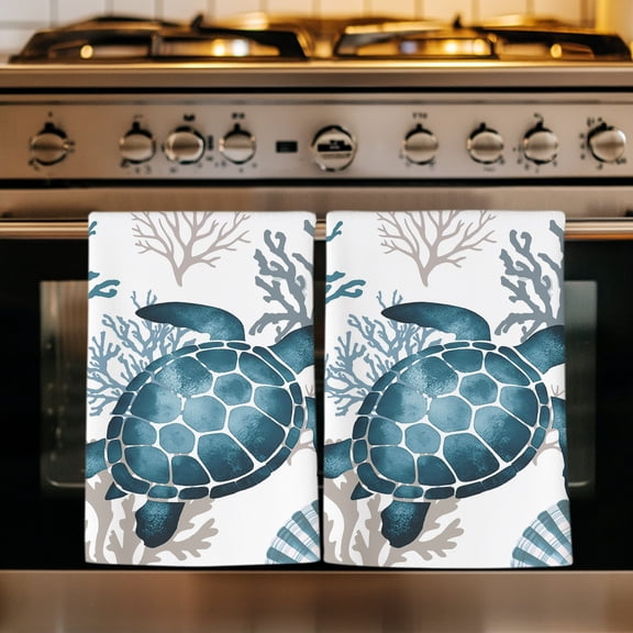 Coastal Turtle Kitchen Towels Set of 4, Blue Ocean Coral Conch Beach Nautical Absorbent Dish Towels for Kitchen, Microfiber Hand Towel, Quick Drying Tea Towel for Cleaning Decorative Dishcloths
