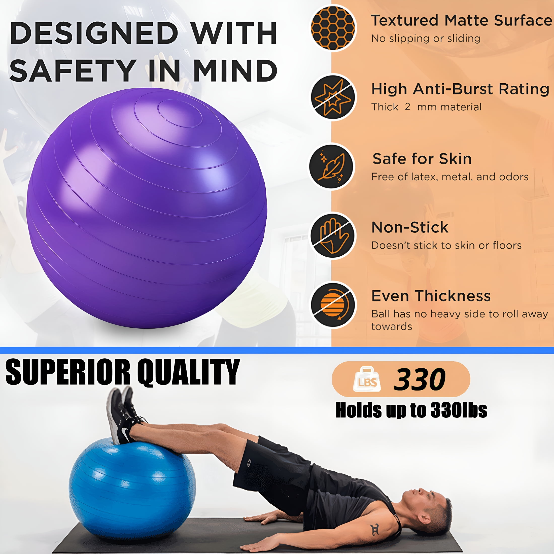 BESTSKY 2026 New Exercise Ball, Pilates Yoga Ball for Fitness Pregnancy, Stability Balance Ball Chair with Quick Pump, Anti-Burst Workout Gym Equipment for Home, Office (Purple 55Cm)