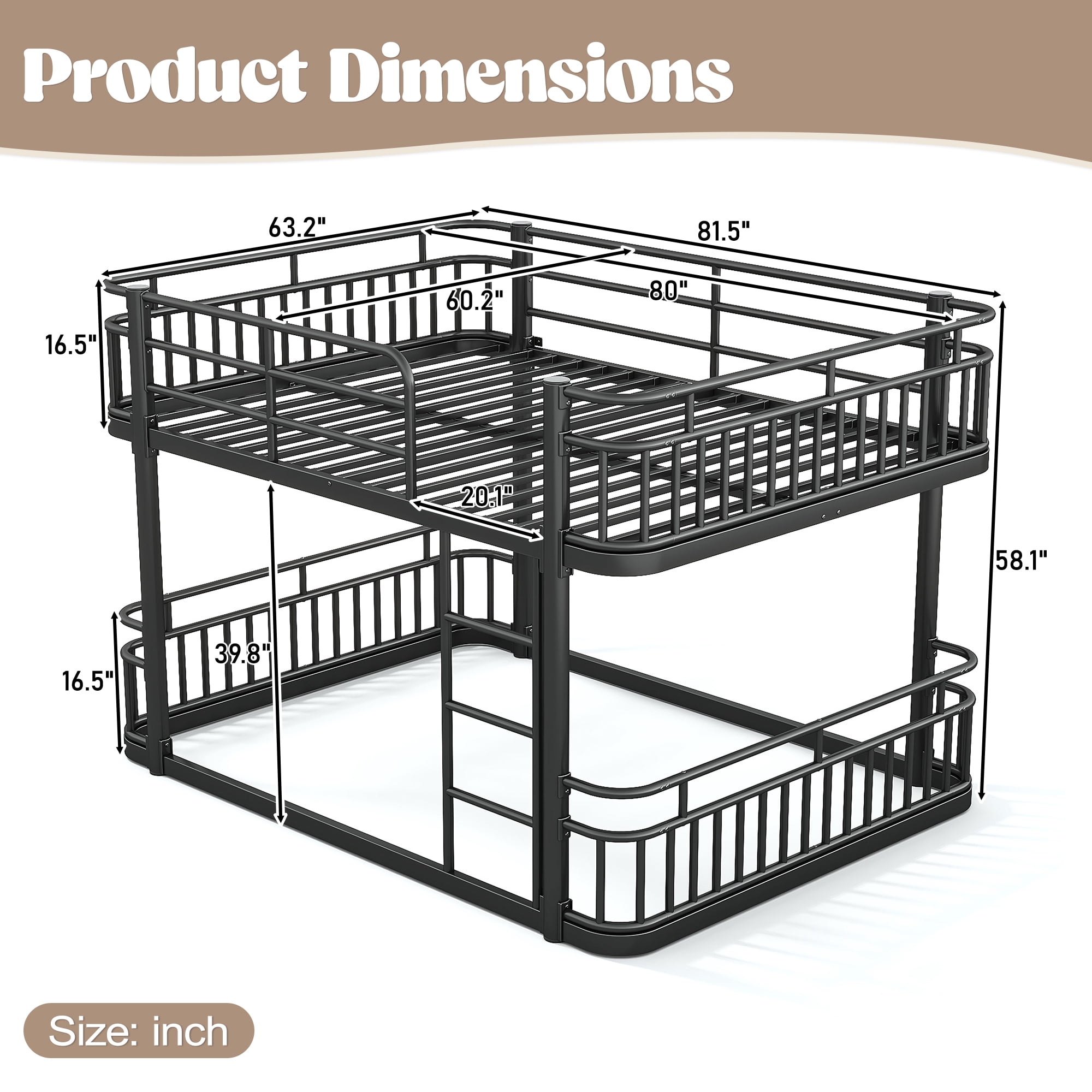 Leumius Queen over Queen Bunk Bed Frame with Ladders & Guardrails, Upgraded Round-Pipe Metal Frame, Stylish & Versatile for Any Room,Black