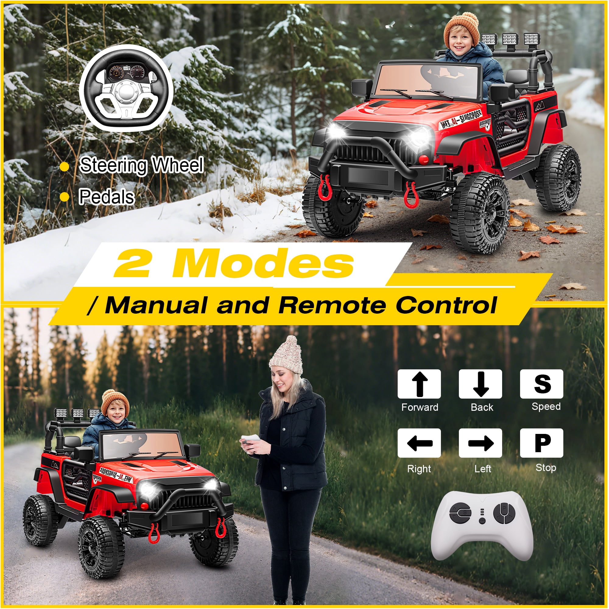 24V Kids Ride on Truck Car, Battery Powered Ride on Car with Remote Control, Electric Vehicle Car for Boys Girls Aged 3-6, Ride on Toy w/Bluetooth, Lights, 4 Wheelers, Gift for Kids Tollder, Red