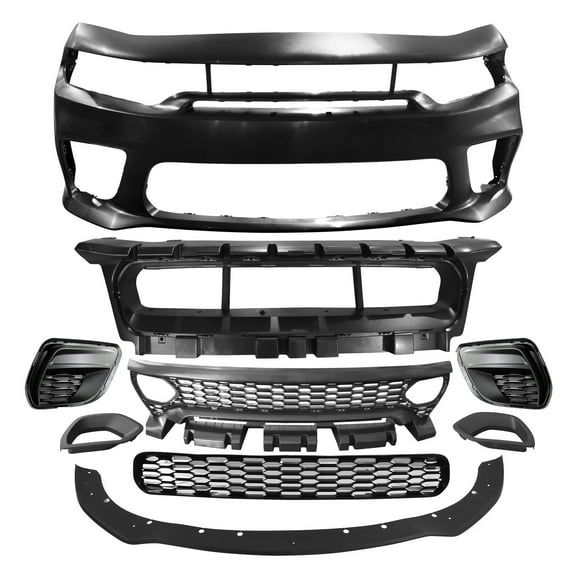 Ikon Motorsports Front Bumper W/ Matte Black Lip Compatible With 2015-2023 Dodge Charger (Excluding Widebody) Widebody Style Front Bumper Cover& SRT Style Upper Grille& Lower Grille& Foglight Covers