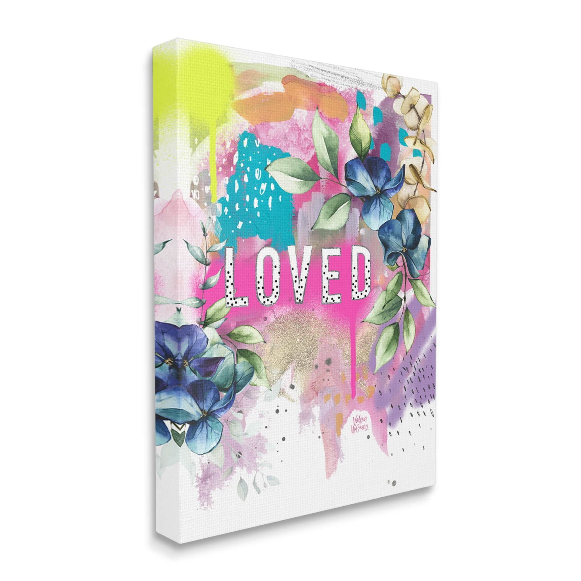 Stupell Industries Loved Text Trendy Abstract Flower Blossoms Design Canvas Wall Art, 24 x 30, Design by Valerie Wieners
