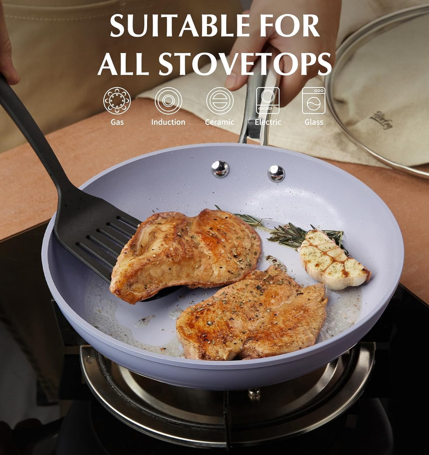 Koch Systeme CS 14 inch Nonstick Frying Pan with Lid, Skillet with Ceramic Coating, Suitable for All Stoves, Gradient Purple