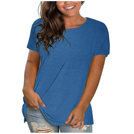 

Black and Friday Deals Clearance under $10 Charella Going Out Tops for Women Trendy Plus-Size Solid Round Neck Basic Blouse Loose Short Sleeve T-shirt Pullover Tops Blue XL
