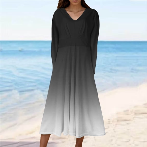 Women's Long Sleeve Dress, V-Neck Midi Length Casual Dress, Stretchy Polyester Everyday Dress