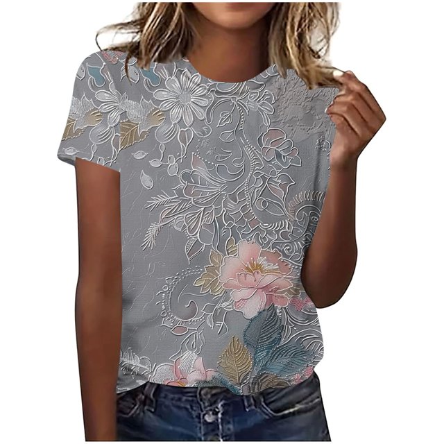 Hauts d'Été pour Femmes DYTTDG T-shirt à Fleurs Mode pour Femmes Grande Taille Col Rond Manches Courtes Décontracté Ample Tee Haut Hauts pour Femmes Liquidation Moins de 10 Multicolore,G