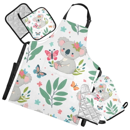 5 Pcs Kitchen Set Heat Resistant Oven Mitts and Non-Slip Pot Holders with Adjustable Cooking Apron Cute Koala and Butterfly