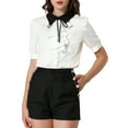 thumbnail image 1 of INSPIRE CHIC Women's Contrast Collar Tie Ruffle Front Button Short Sleeve Work Shirt XS White, 1 of 6