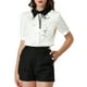 thumbnail image 1 of Camisa de trabajo de mujer con cuello contrastante, lazo y volantes en la parte delantera, botones, de manga corta, talla XL, blanca, 1 of 6