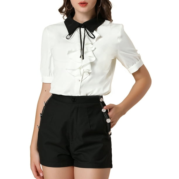 Camisa de trabajo de mujer con cuello contrastante, lazo y volantes en la parte delantera, botones, de manga corta, talla XL, blanca