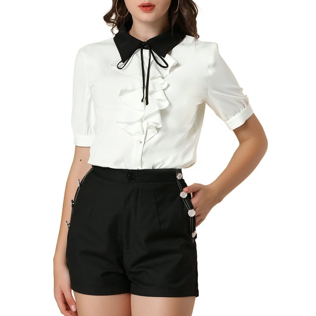 INSPIRE CHIC Chemise de Travail à Manches Courtes pour Femmes avec Col Contrasté, Nœud à Volants, Boutons devant, m Blanc