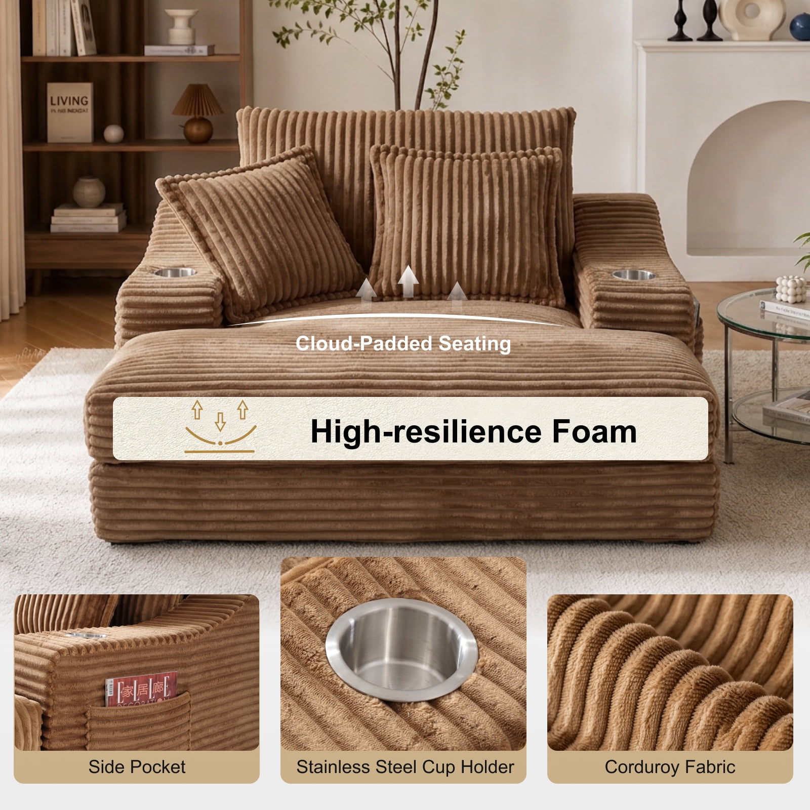 47" Wide Oversized Single Chaise Lounge Chair, 67'' Sleeper Sofa Bed with Cup Holders & 3 Pillows