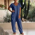 thumbnail image 4 of Tqcoqu Women's Solid V Neck Short Sleeve Jumpsuit, Loose Harem Baggy Long Pants One Piece Jumpsuit with Side Pockets, 4 of 6