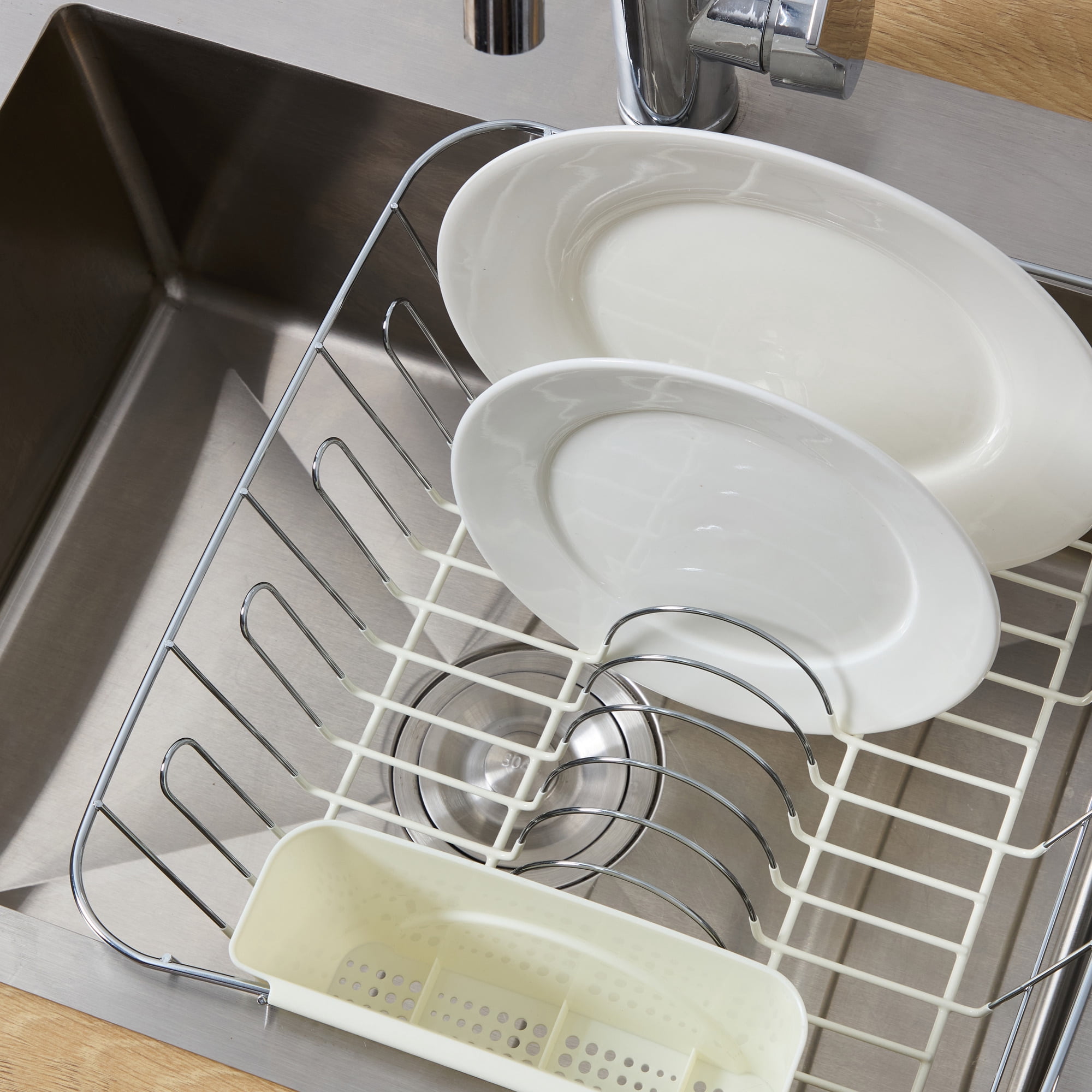2 Piece Chrome Plated Steel Small Compact Dish Drainer, Ivory