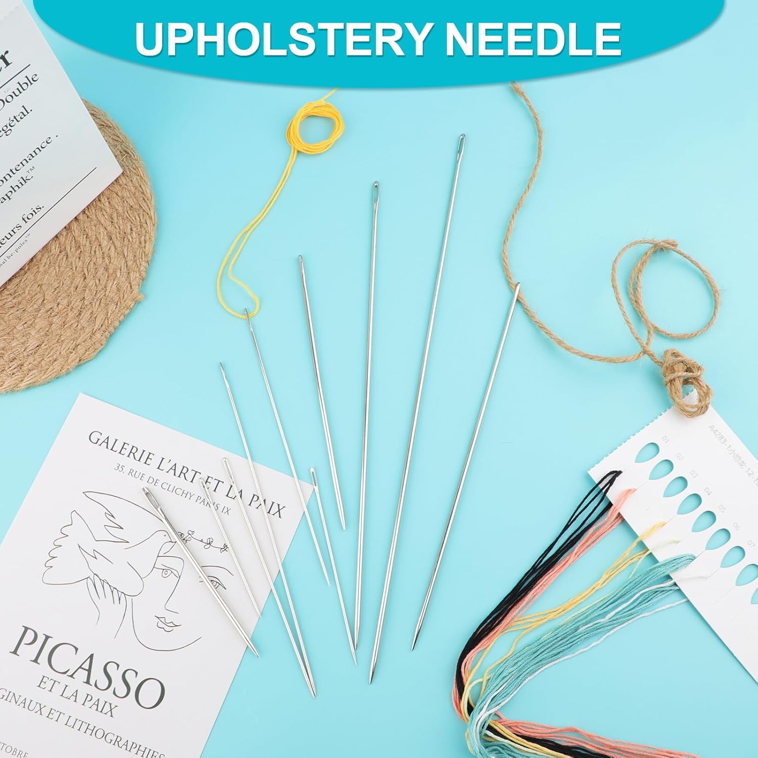 10 Pcs Professional Upholstery Needle, Long Sewing Needles 3"/4"/5"/6"/7"/8"/10"/12" Length, Large Eye Long Straight Upholstery Hand Needles for Home Quilting, Stitching, Crafting