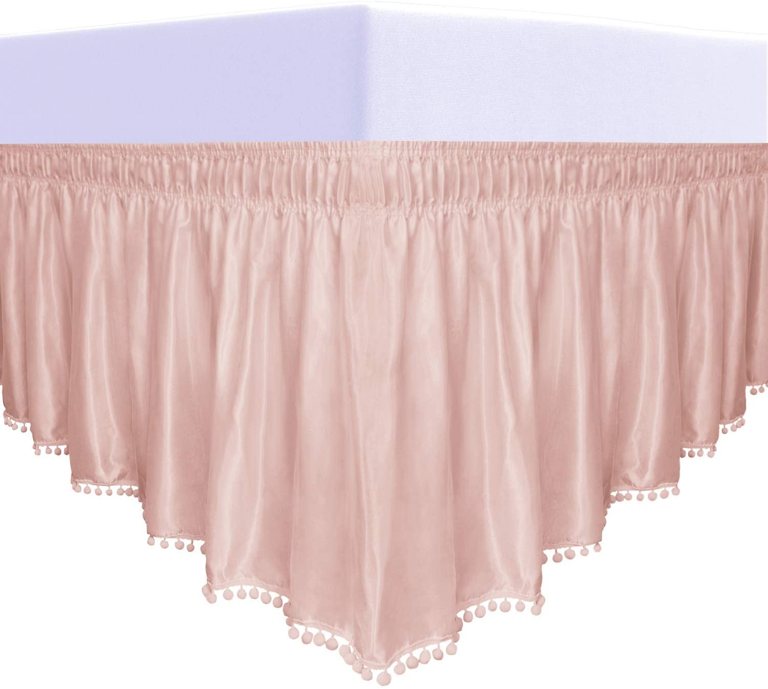 EasyGoing Satin Silk Pom Pom Ruffled Wrap Around Bed Skirt 16 Inch