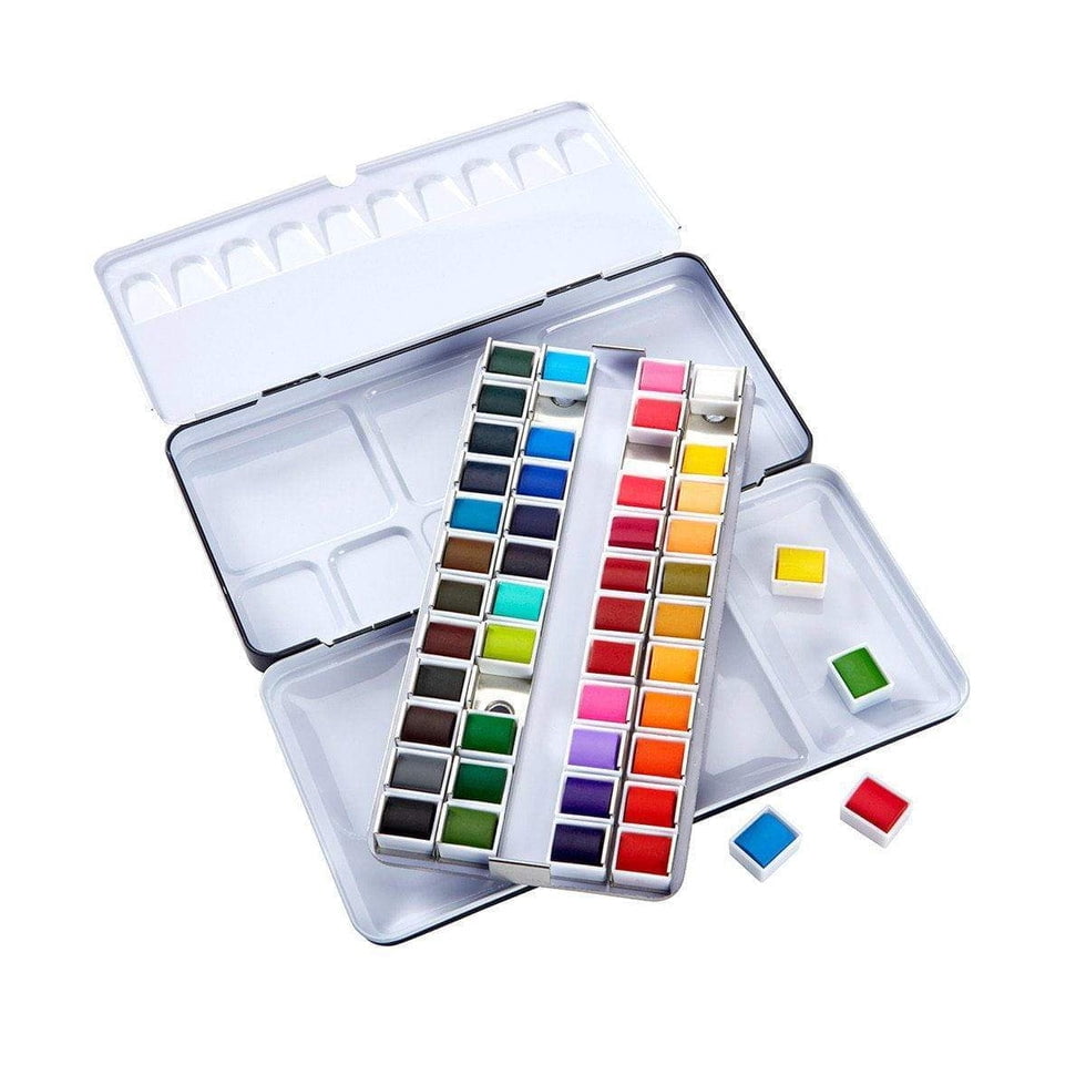 KINGART PRO Artist Watercolor Half-Pans, Tin Box with Water Brush, Set of 48 Vibrant Colors