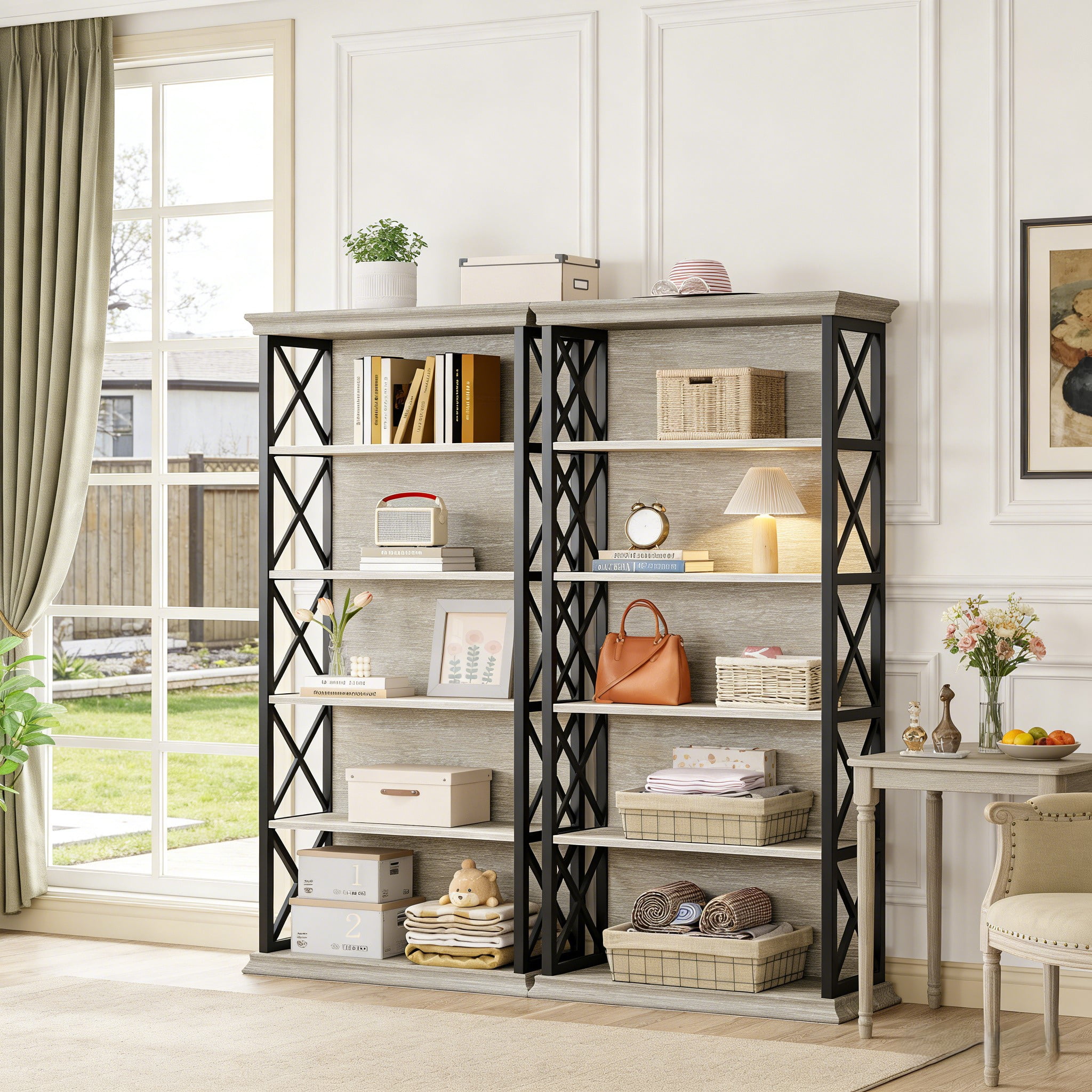 Fnova 71" 5-Tier Tall Bookshelf, Industrial Wood Bookcase with Metal Frame, Floor Standing Display Storage Shelves for Home Office, Living Room, Bedroom