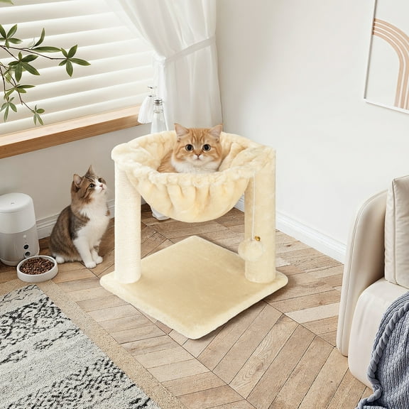 Einfach 14" Cat Tree Plush Hammock Tower with Sisal Scratch Post & Toy Ball for Indoor Kittens, Beige