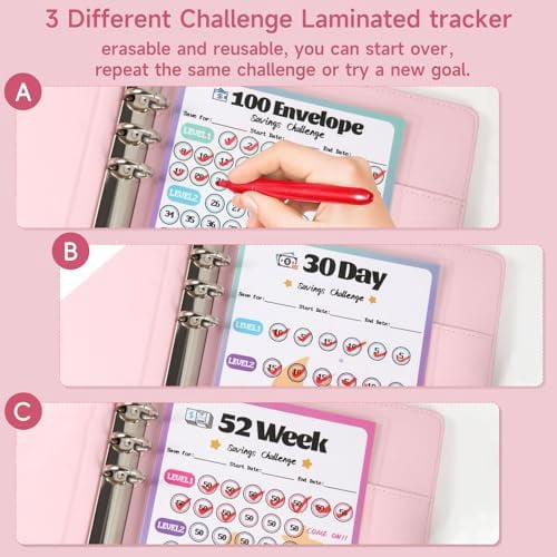 2 Pack 100 Envelopes Money Saving Challenge, Cash Budget Planner A5 Binder, Savings Challenges Book Organizer Folder, with 3 Tracker to Save $5,050 and $2,600, $300, 100 Pre-numbered Pockets, Red
