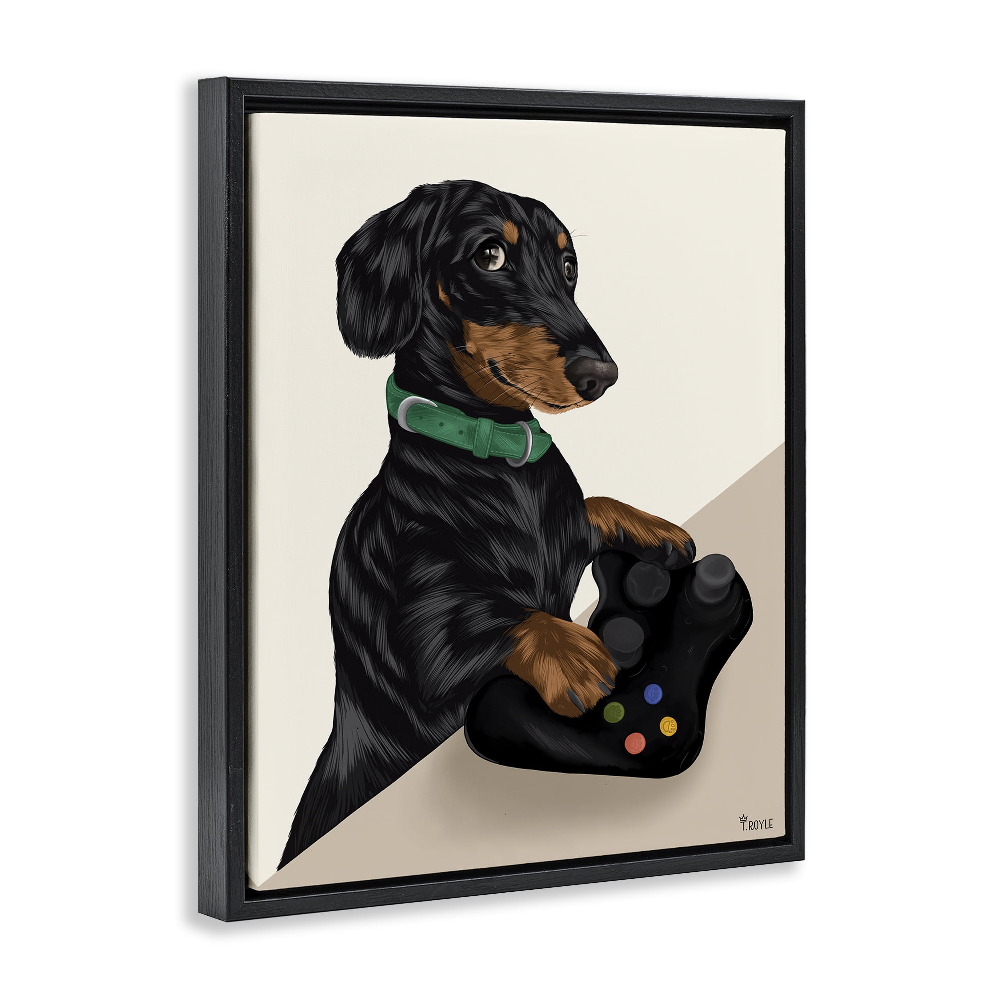 Stupell Industries Gamer Dachshund Dog Animals & Insects Painting Black Floater Framed Art Print Wall Art, 17 x 21