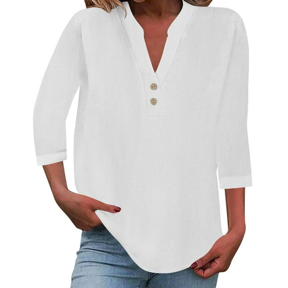 TSADFHJI Hauts Mignons pour Adolescentes Femmes Mode Col en V Manche Sept Points Bouton Décontracté Confortable Haut m Blanc