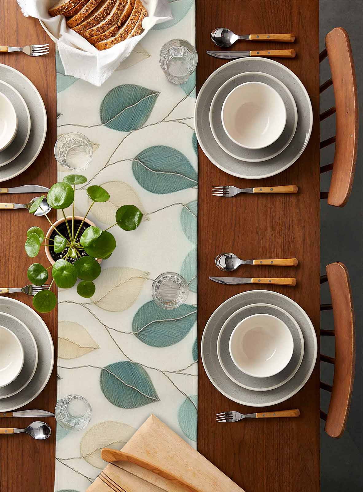 Teal Green Leaf Table Runner 72 Inches, Farmhouse Vintage Middle Century Textured Bed Runner Dresser Scarves Tabletop for Indoor Outdoor Parties/Ceremony/Banquet, 18" x 72"