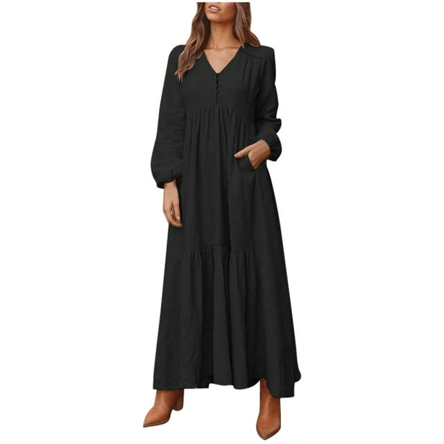 Robe Maxi Décontractée Vintage en Lin pour Femme à Manches Longues - Jupe Évasée, devant à Boutons, Taille Ajustable avec Lien