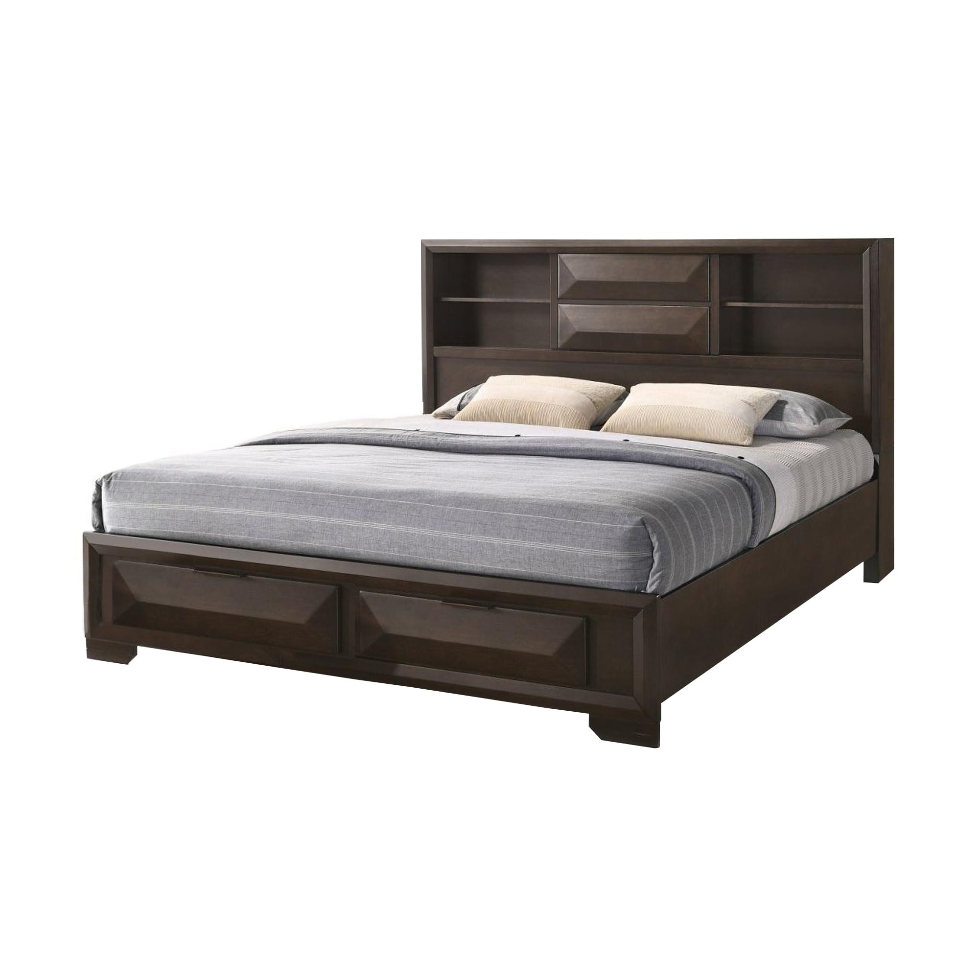Transitional Style Queen Size Wooden Storage Bed with Bookcase