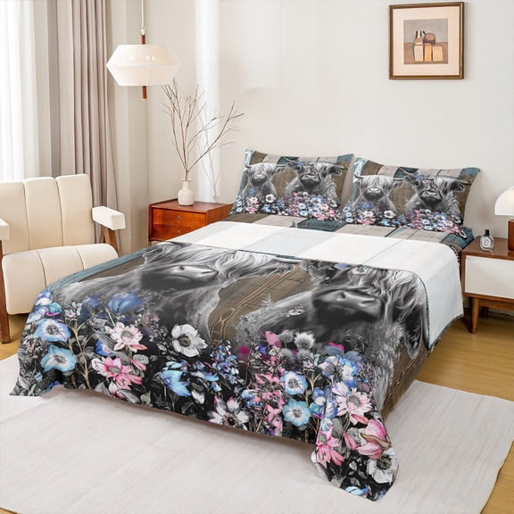 Castle Fairy Highland Cow Twin Sheet Sets 3pcs for Boys Girls,Rustic Farmhouse Animal Twin Fitted Sheet Microfiber,Chic Floral Flowers Breathable Flat Sheet,Luxury Bedroom Decor