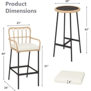 3 Pieces Outdoor Bar, Wicker Outdoor Bar Table and Outdoor Bar Stool Set of 2, Outdoor Bar Set with Thick Lumbar Pillow for Backyards, Porches-Beige
