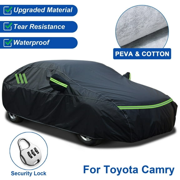 For Toyota Camry Car Cover, Thickened PEVA Cotton Waterproof Sedan Full Cover with Lock Outdoor Indoor Snow Rain Sun Dust Protection All Weather Black