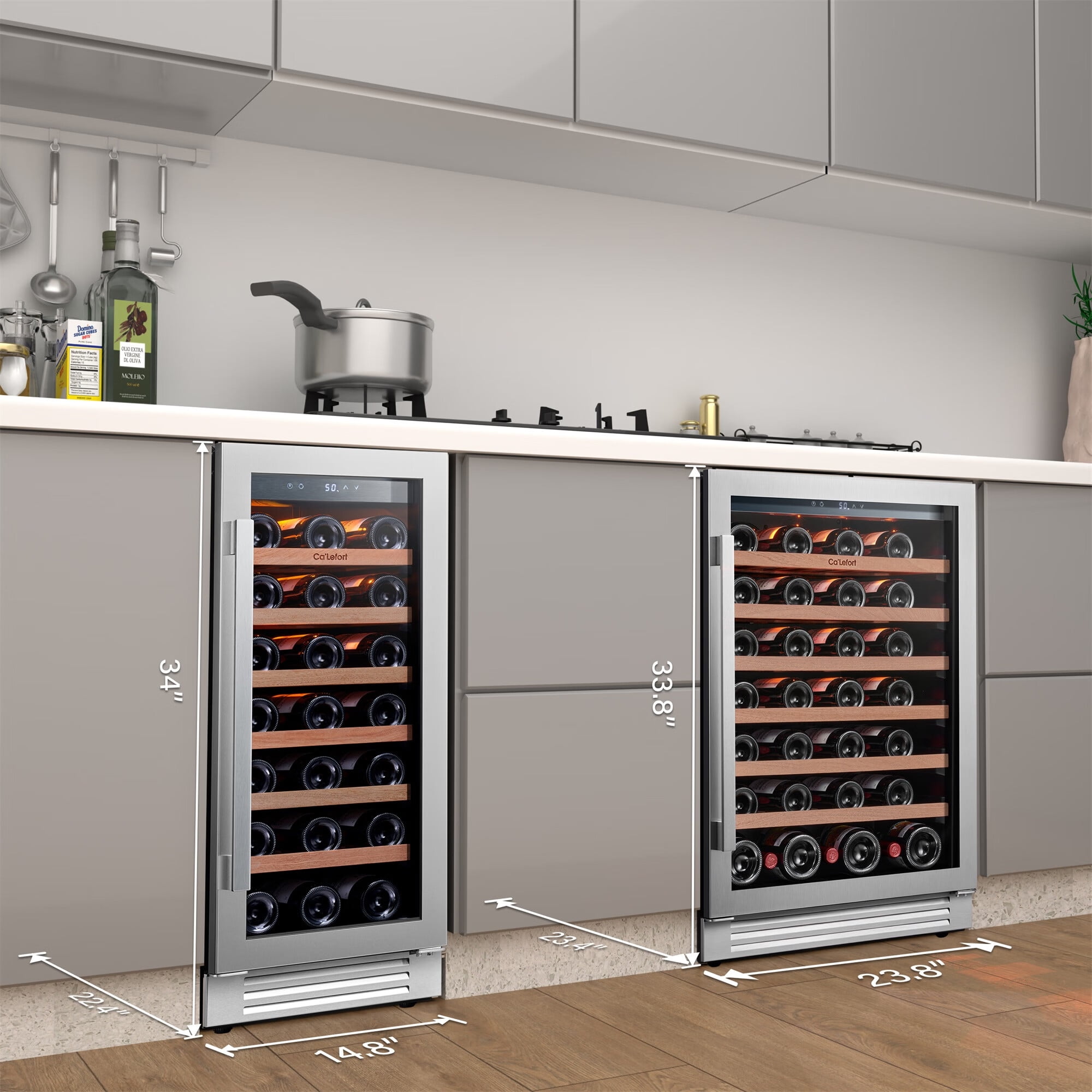Ca'Lefort 24 inch Wine Fridge and 15 inch Wine cooler,54 Bottle Dual Zone Wine Cooler Refrigerator,Freestanding & Built-in with Stainless Steel frame for Kitchen Office