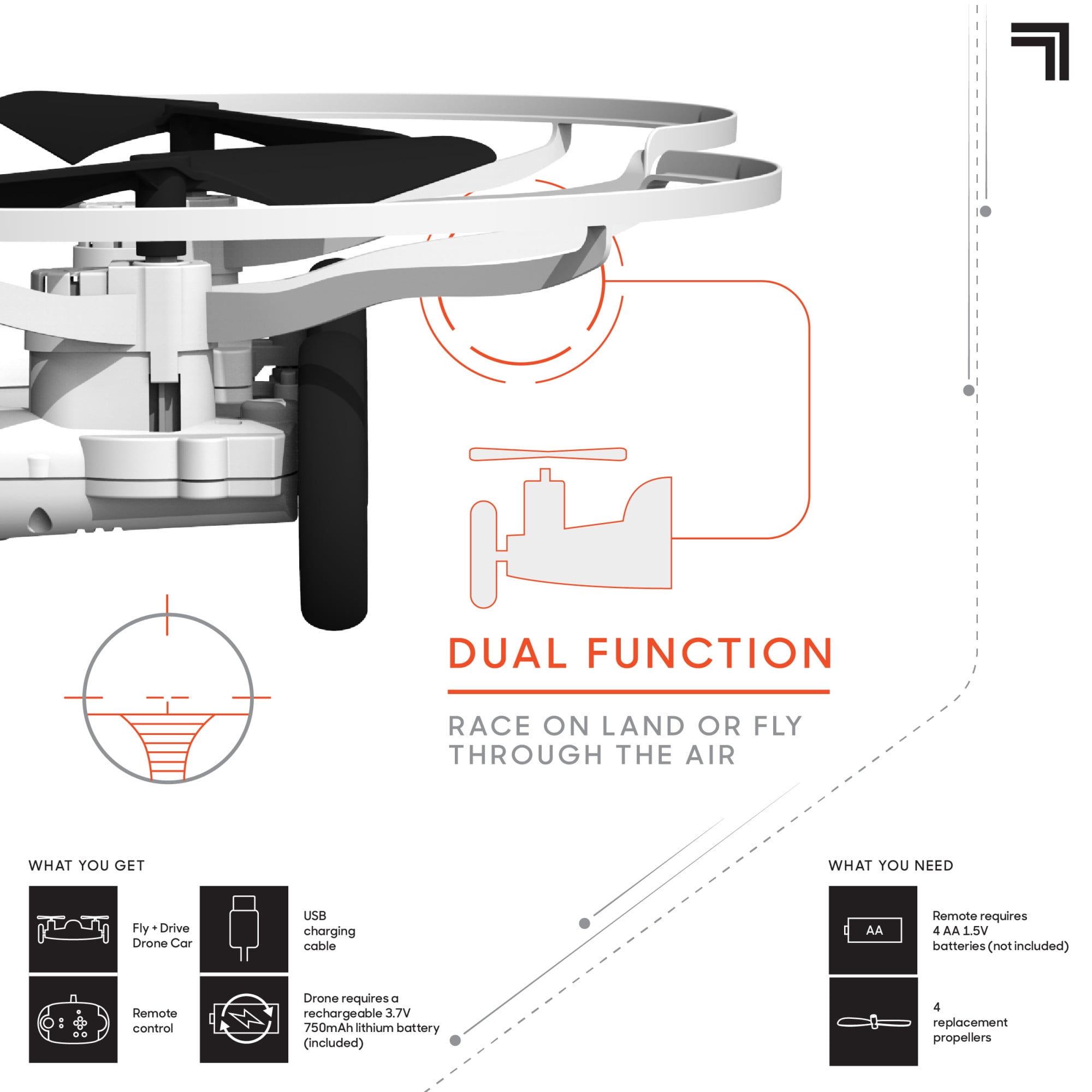 SHARPER IMAGE Rechargeable Dual Function Fly + Drive Drone RC, 250ft Long Range Control and 215ft Max Altitude, 5in