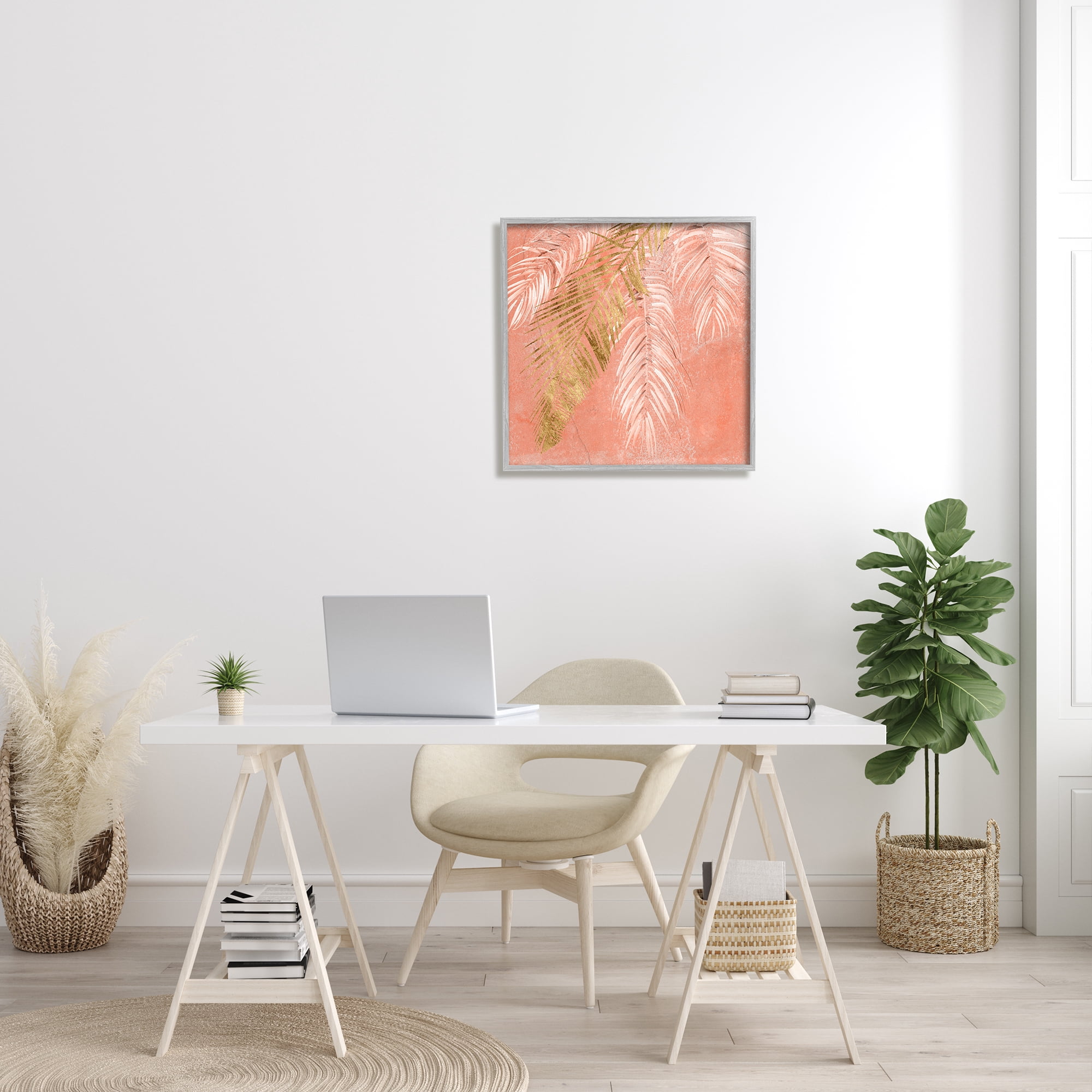 Stupell Industries Pink Palm Fronds Distressed Tropical Plant Still Life Landscape Painting Gray Framed Art Print Wall Art, 24 x 24
