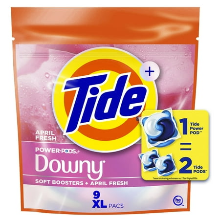 Tide Power PODS with Downy Soft Boosters Laundry Detergent Pacs, April Fresh Scent, 9 Count (Pack of 2)