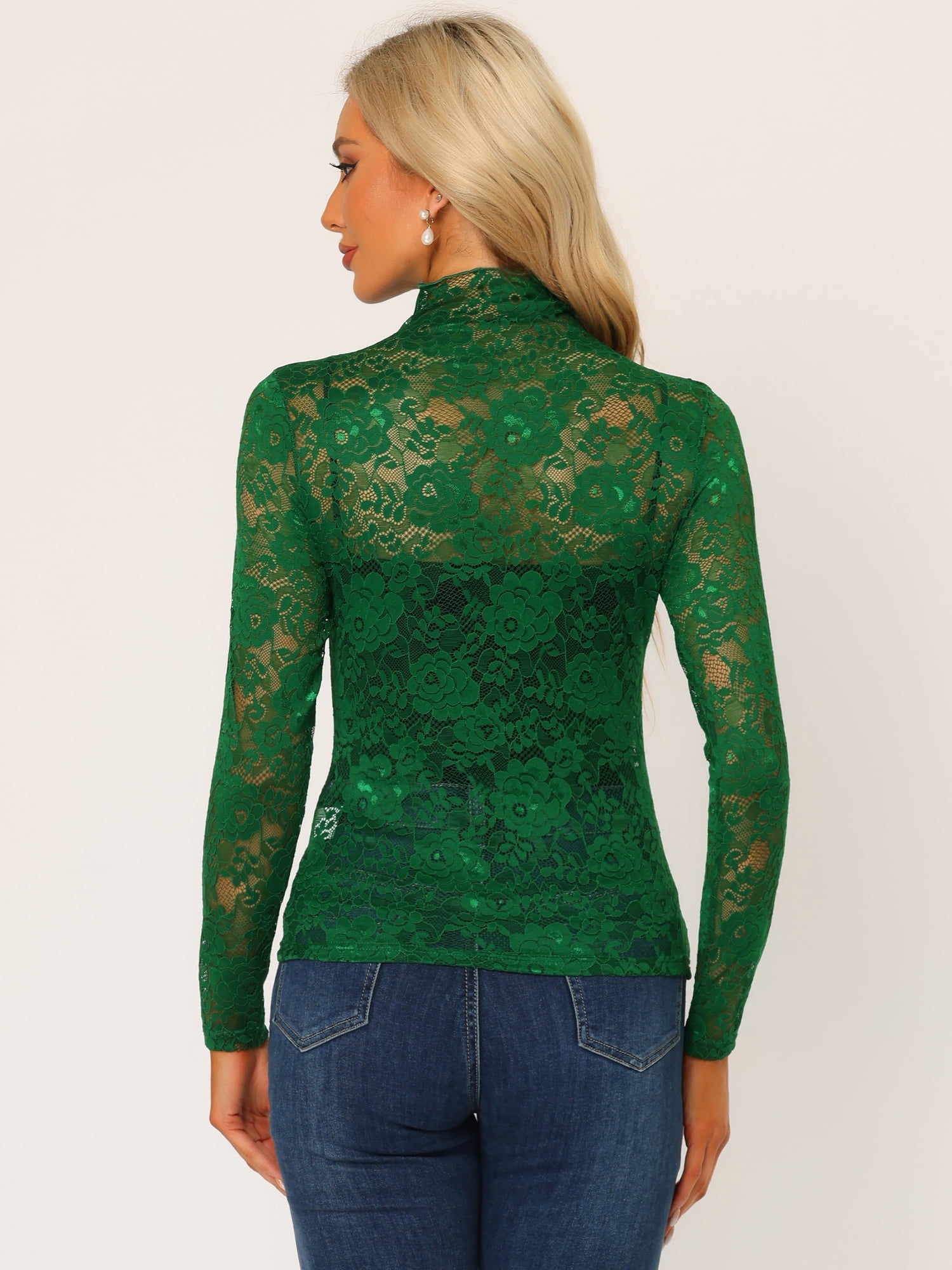 DARING DIVA Women's Long Sleeve Mock Neck Floral Lace Blouse Top XL Dark Green