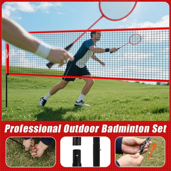 Portable Badminton Set Regulation Net, 4 Racquets, 3 Shuttlecocks& Carry Bag Ideal for Backyard Fun with Outdoor Play