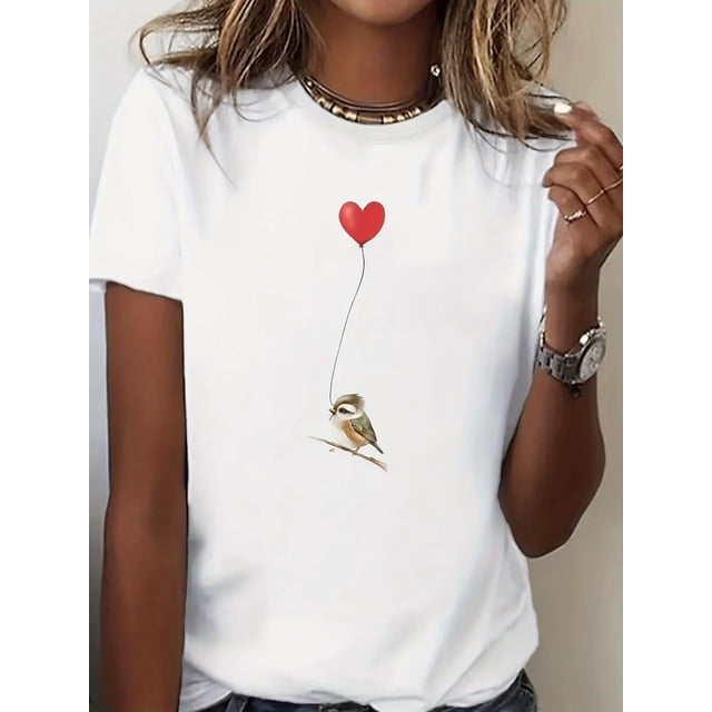 Women's Casual T-Shirt with Cute Bird & Heart Design - Soft, Stretchy, Machine Washable - Perfect for Spring/Summer Tee For adult, Men, Women, Teen, Teenager, adolescent, Youth