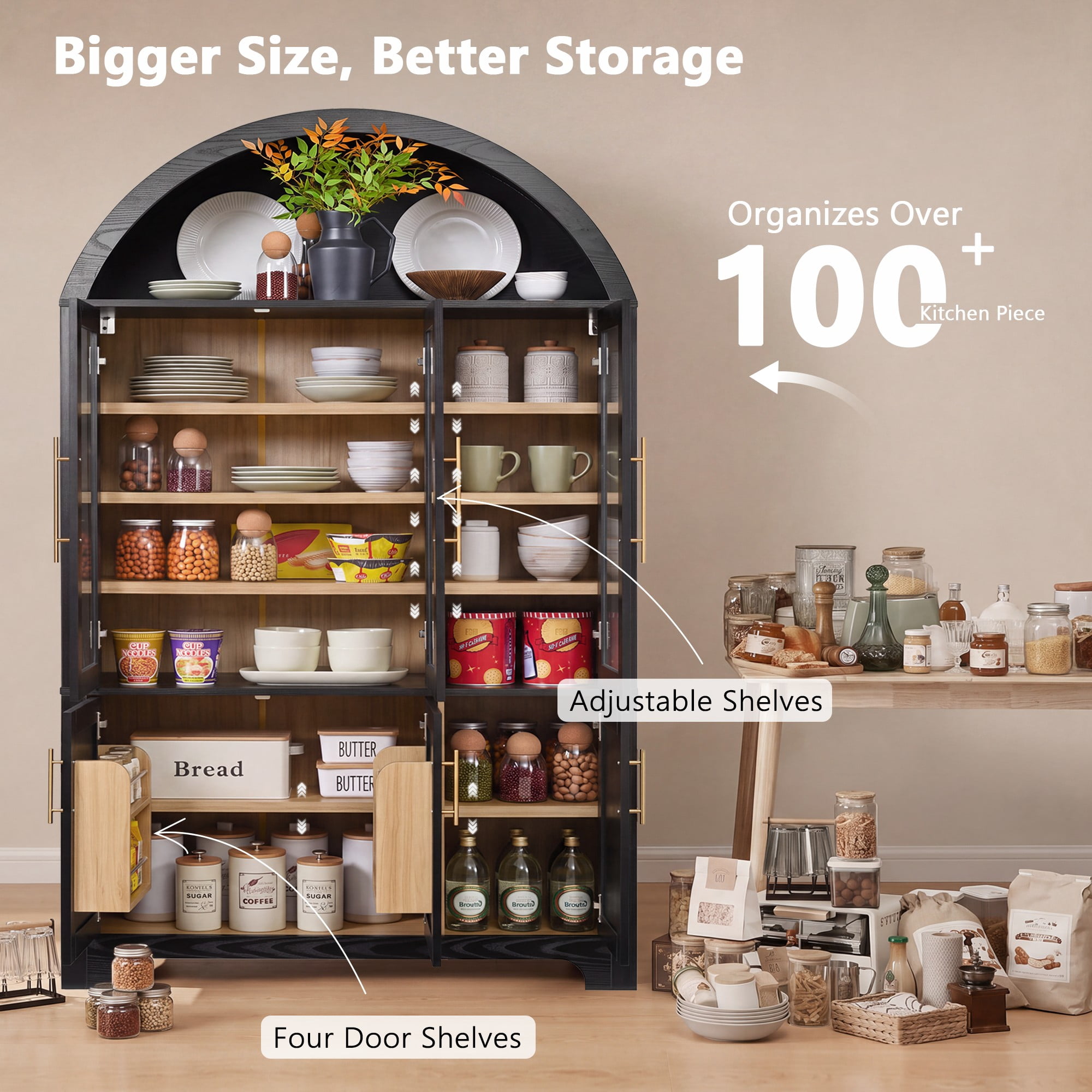 Aukfa 73" Arched Pantry Cabinet with 3 Glass Doors, Adjustable Shelves for Kitchen & Dining Room, Black