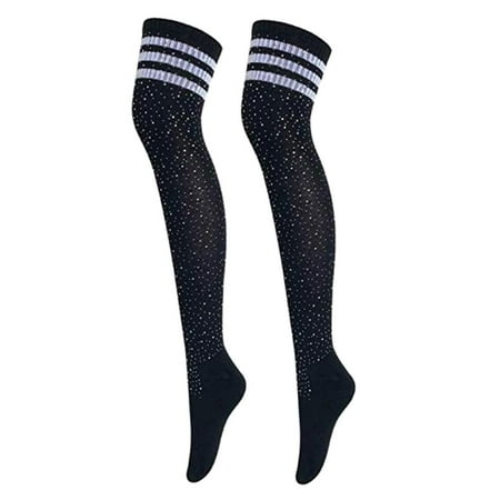 

Ladies Knee Socks with Stripes And Rhinests Cotton Overknee Socks Long Women Socks 65cm - Black with White Stripe free size