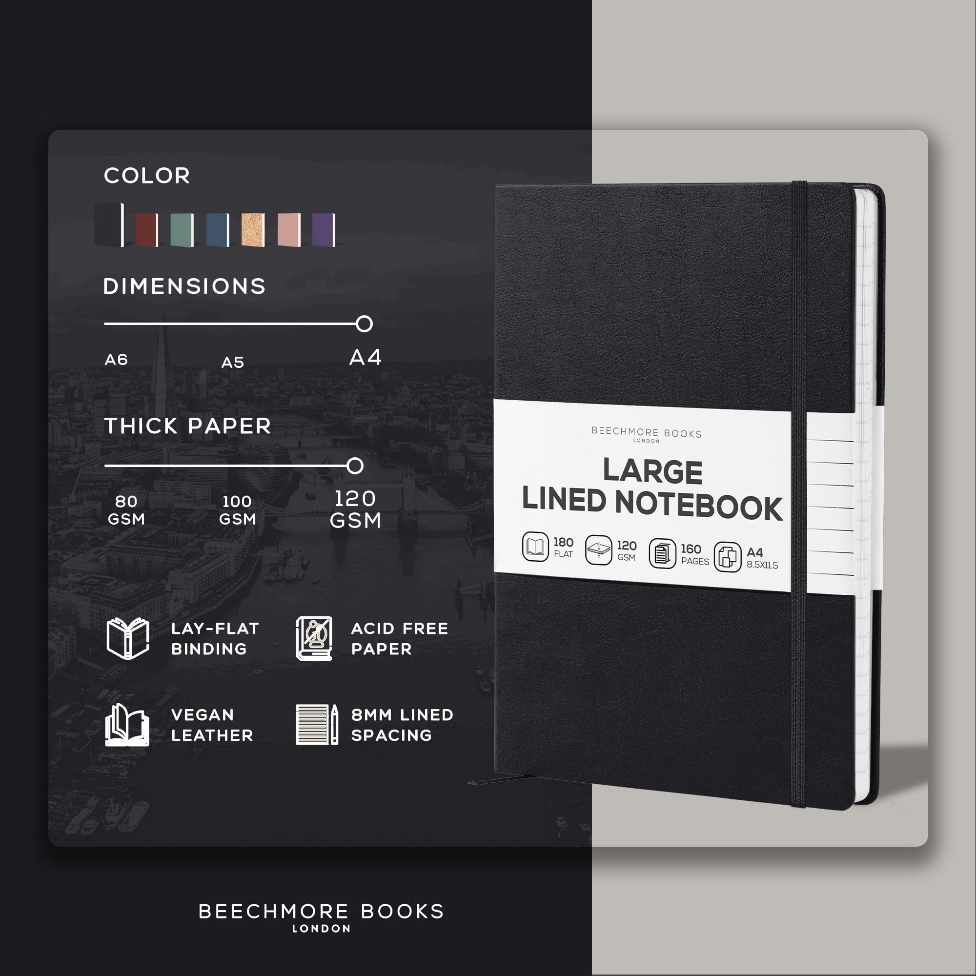 BEECHMORE BOOKS Lined Journal Notebook, 8.5 x 11.5 inch, A4 160 Lined Pages, Hardcover Leather Journals for Women, Men, Writing and Notebooks for Work - 120 GSM Thick Paper, Gifts Box Included