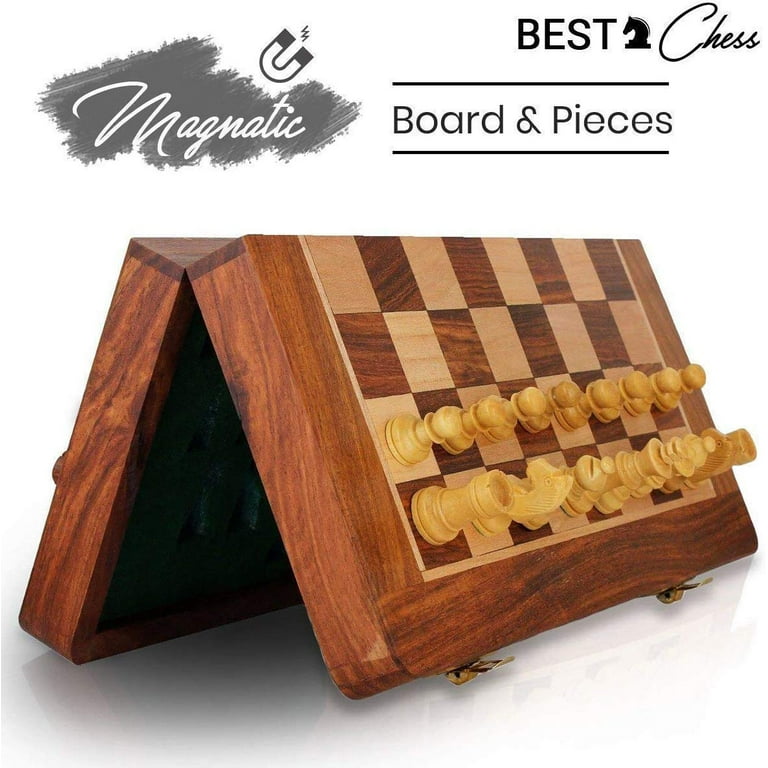 BCBESTCHESS Wooden Handcrafted Foldable Magnetic Chess Board Set with  Magnetic Pieces and Extra Queens for Adults (10x10 Inches, Brown)