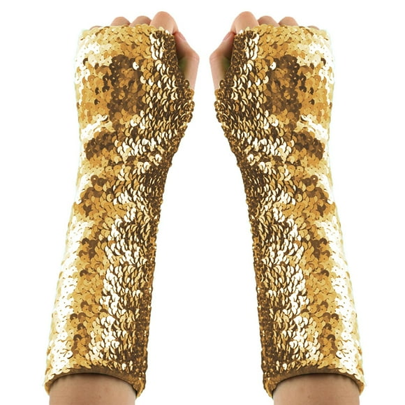 Gold Sequin Gloves For Women High Elastic Stretchy Soft Sparkly 8.27 Inches Length Premium Party Evening Dress Accessories For Christmas Cocktail Party