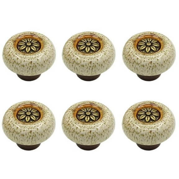 HDJNal Set of 6,Round Shape Ceramic Knobs with Screws - 32mm Diameter - Round Vintage Pull Handles for Home & Office Furniture - Kitchen Cabinet, Drawers & Cupboard Doors (Bronze-White)