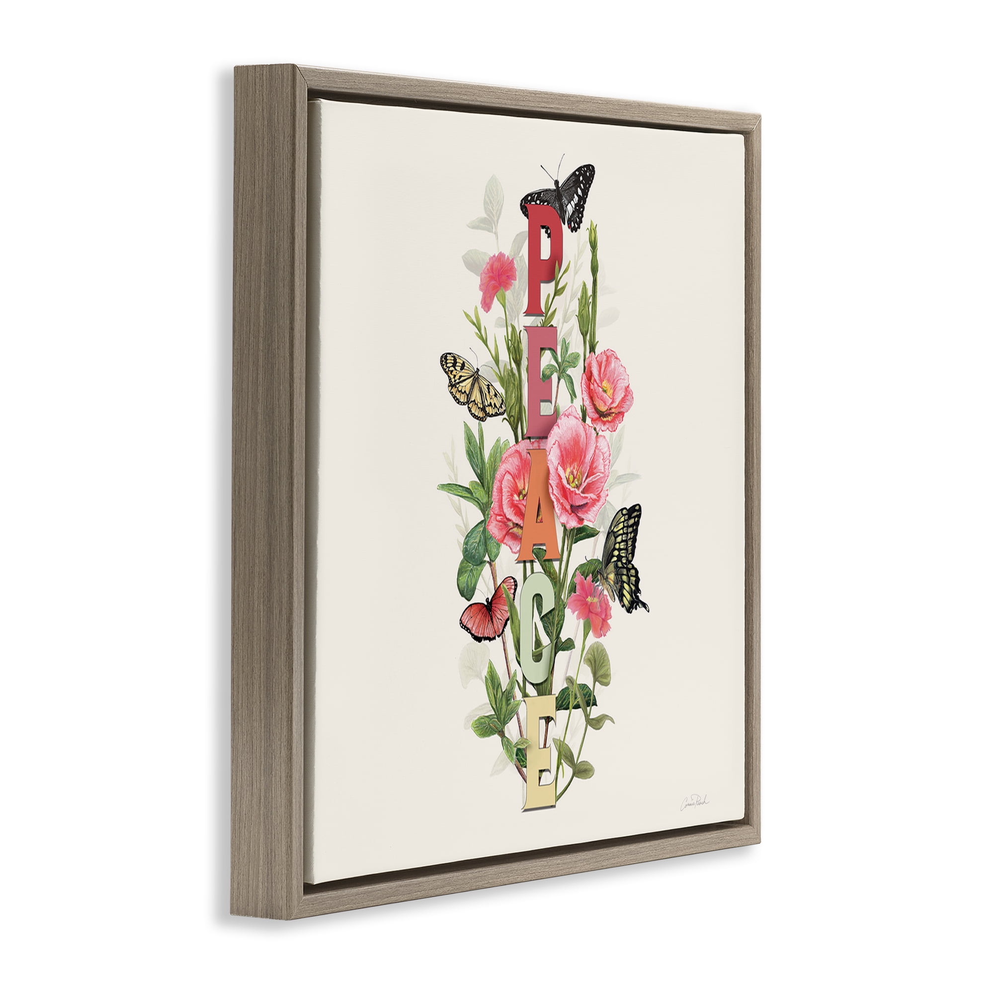 Stupell Industries Peace with Butterflies Botanical & Floral Painting Brown Floater Framed Canvas Art Print Wall Art, 25 x 25