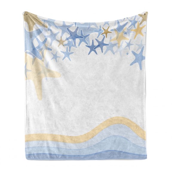Starfish Soft Flannel Fleece Throw Blanket, Wavy Stripes in the Ocean Inspired Design Starfishes Sky Aquatic Sea Life Theme, Cozy Plush for Indoor and Outdoor Use, 50" x 70", Multicolor, by Ambesonne