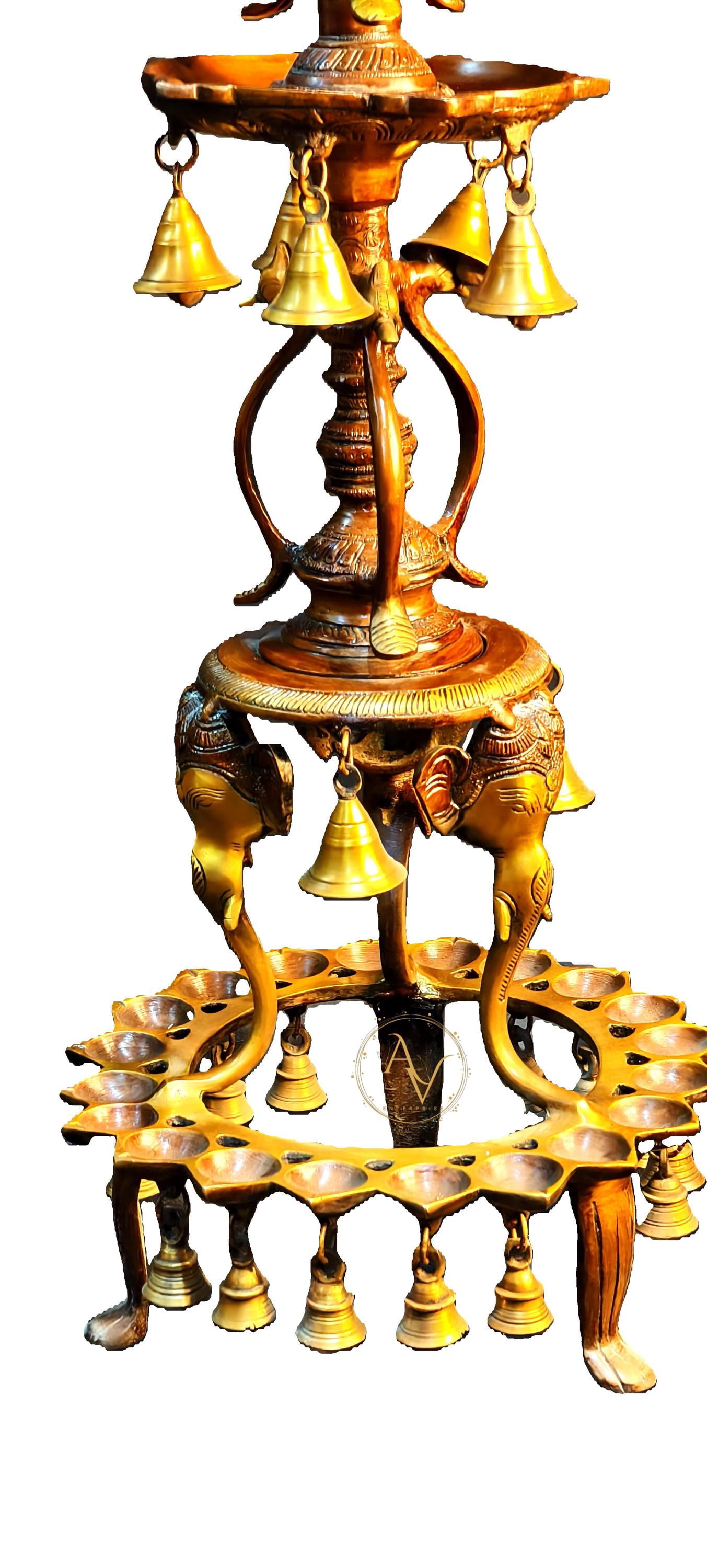 Brass Diya, 40.5 inches Brass Oil Lamp with Peacock & Elephent in Antique Finish, beautiful Brass Diya with hanging bells, home decor gift..